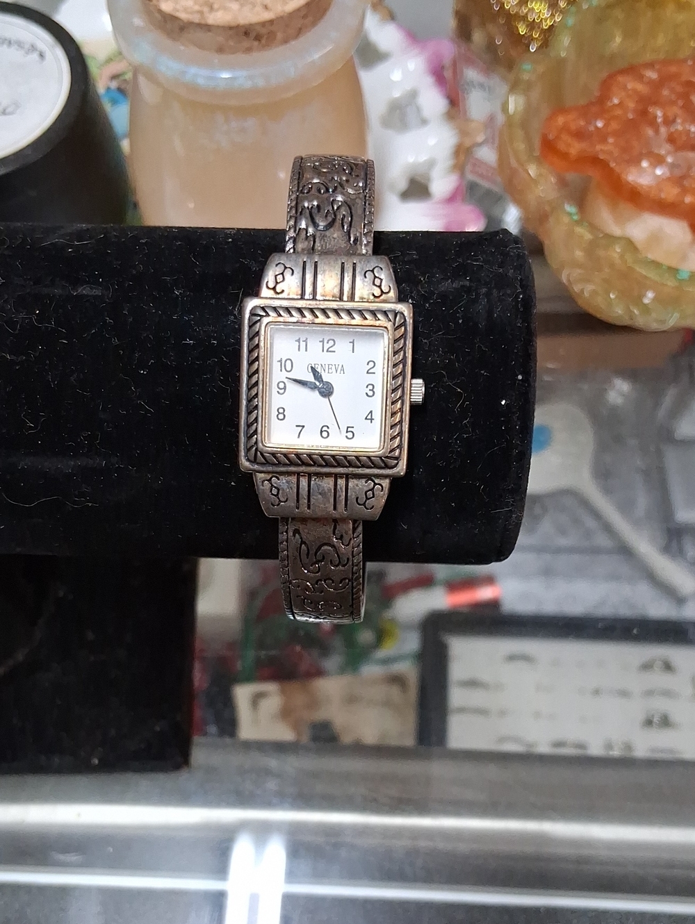 Geneva Women's Ornate Silver-Tone Square Dial Bracelet Watch